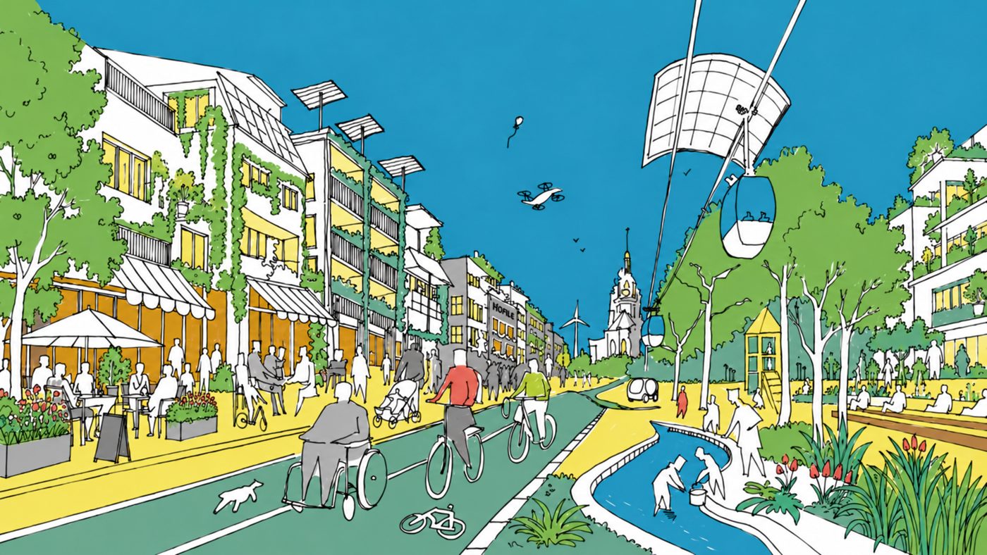 Illustration KI‑Oasen: eine grüne, utopische Stadt unter blauem Himmel